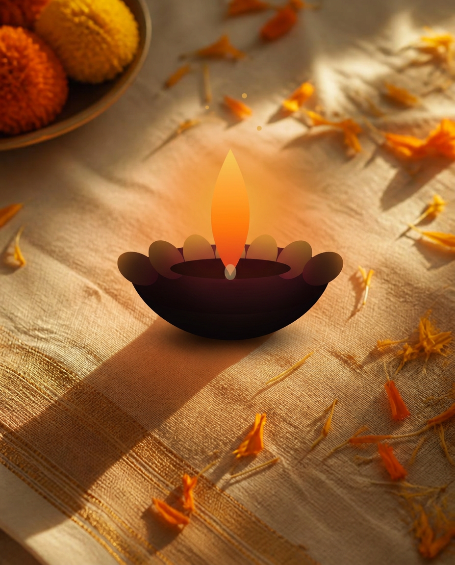 A lit brass diya oil lamp resting on cream linen with marigold petals